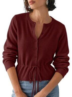 Cropped Cardigan Button Up Tie Front Crew Neck Long Sleeve Fall Sweater